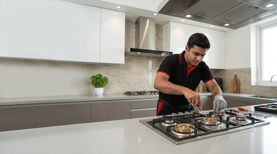 Gas stove repair technician at work in Meerut